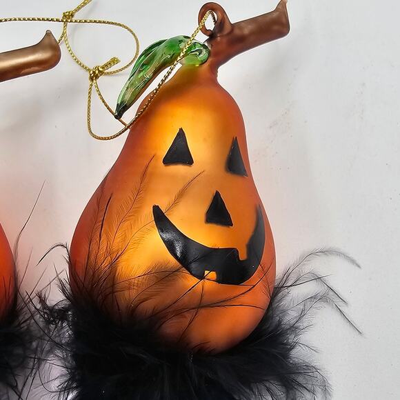 Rare Halloween Jack-o'-Lantern Glass Ornaments - Pumpkin Face & Feather Accents - Picture 3 of 5